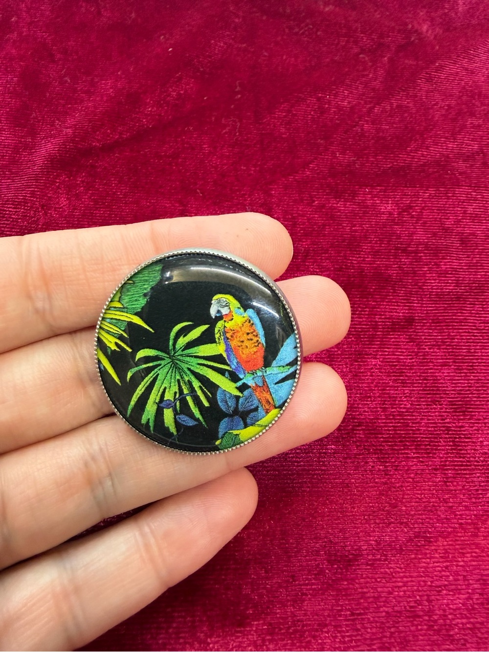 Vintage Colorful Parrot And Tropical leaves Brooch